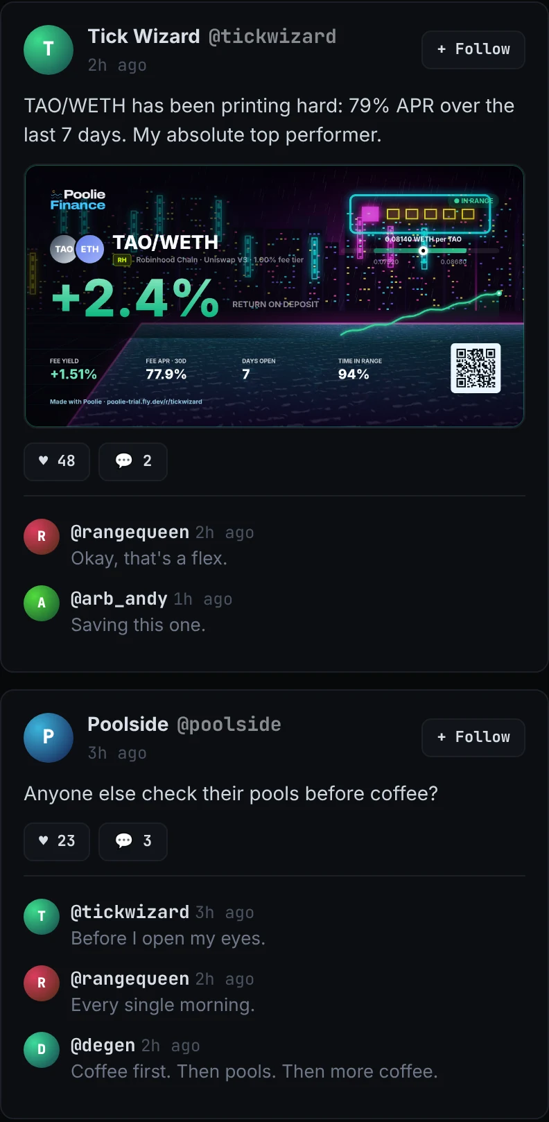 Two posts on the Poolside: Tick Wizard shares a TAO/WETH position card (79% APR over 7 days) and a casual question, with likes and comments (example data)